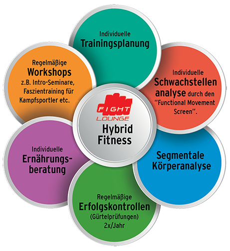 Unser Hybrid-Fitness-System verbindet Kampfsport, Fitnesstraining und eine sportgerechte Ernährung miteinander für den optimalen Trainingserfolg. Wir bilden unsere Mitglieder zu einem Kampfsportspezialisten im Thaiboxen, Krav Maga, BJJ oder Boxen aus oder zu einem Allrounder im MMA.