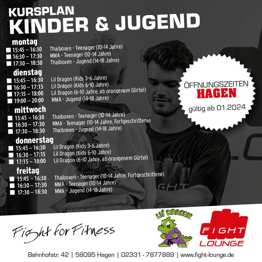Kursplan Kinder und Jugend 2024 - Fight Lounge - Hagen
